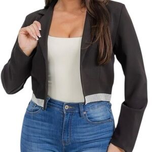 Long Sleeve Ponte Knit Open Blazer with Embellished Trim made in Italy